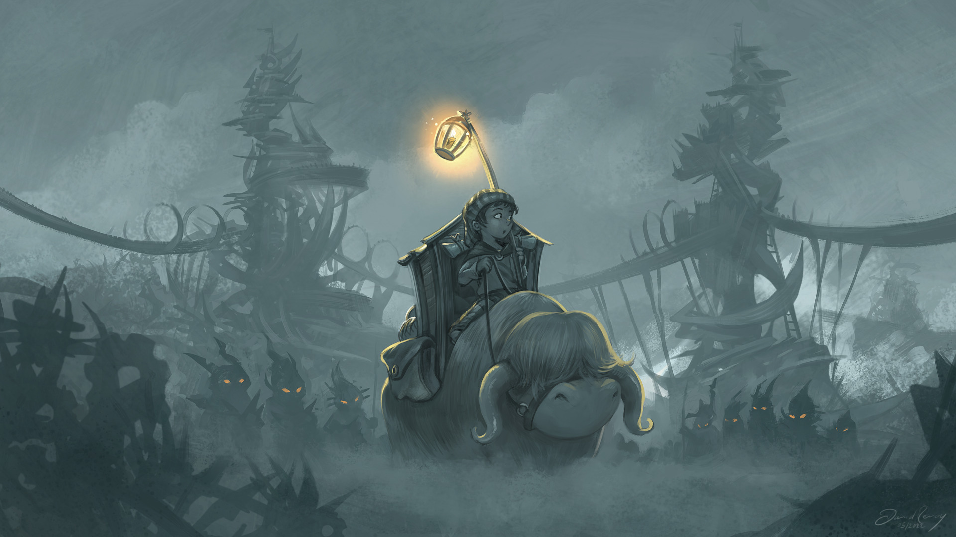 Yack avec sur son dos un‧e humaine et une lanterne, dans la brume, avec des silouettes effrayantes.